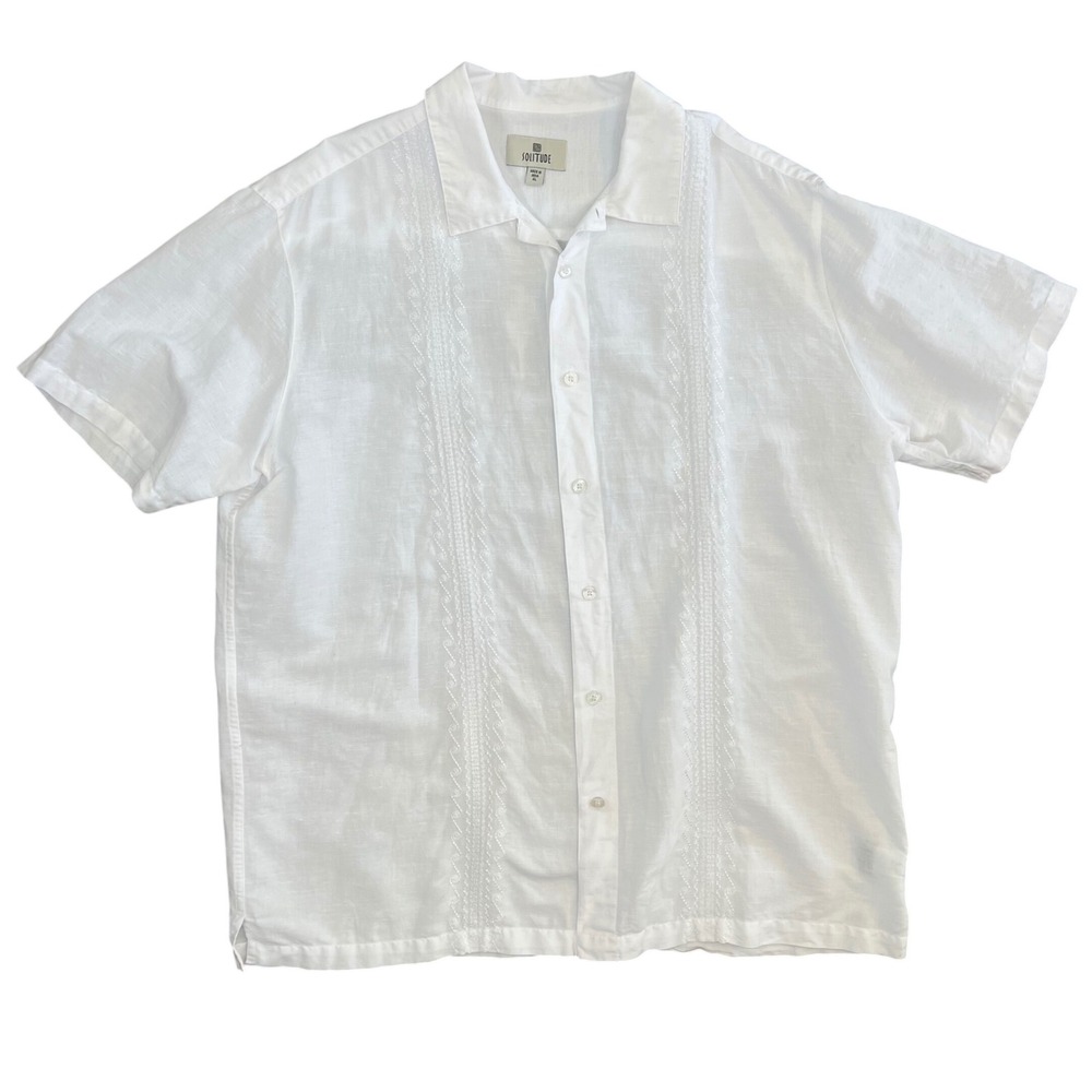 Solitude Mens White Linen Cotton‎ Embroidered Guayabera Shirt XL Short Sleeve